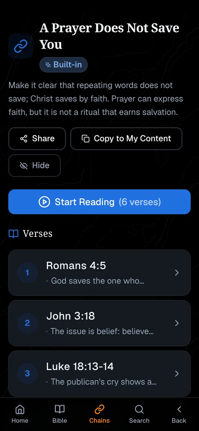 A Bible chain in the app: “A Prayer Does Not Save You” with linked verses