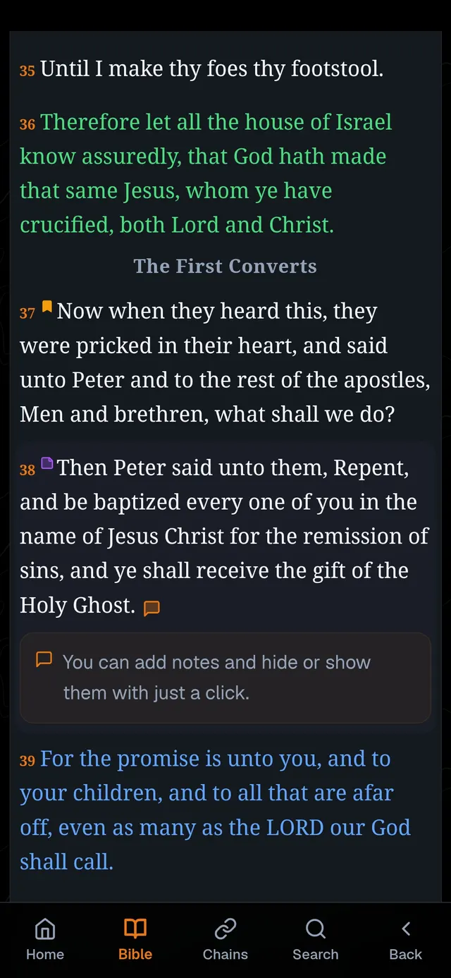 The Bible reader in the app showing Acts 2 with highlights and a note