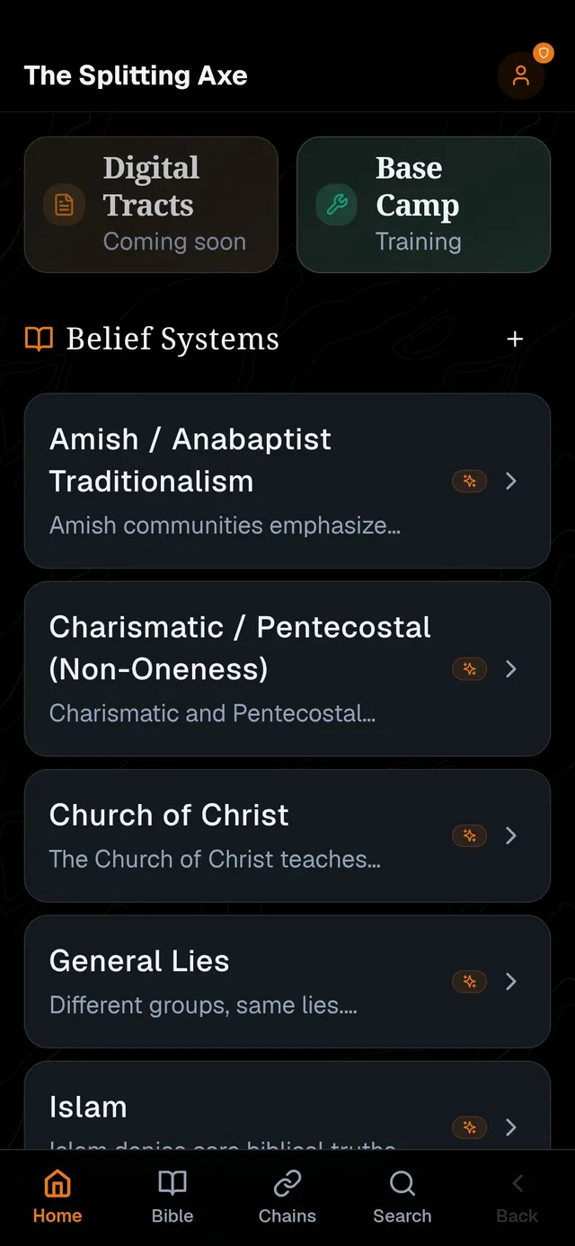 The Splitting Axe home screen with a list of belief systems
